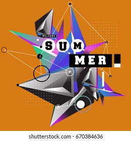Trendy vector summer cards illustration with memphis style typography and abstract elements. Design for poster, card, invitation, brochure, and promotion template. Fashion art print and background.