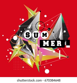 Trendy vector summer cards illustration with memphis style typography and abstract elements. Design for poster, card, invitation, brochure, and promotion template. Fashion art print and background.