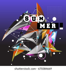 Trendy vector summer cards illustration with memphis style typography and abstract elements. Design for poster, card, invitation, brochure, and promotion template. Fashion art print and background.