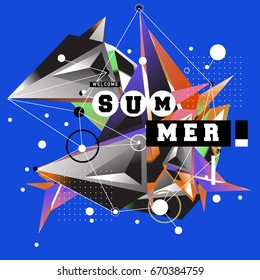 Trendy vector summer cards illustration with memphis style typography and abstract elements. Design for poster, card, invitation, brochure, and promotion template. Fashion art print and background.