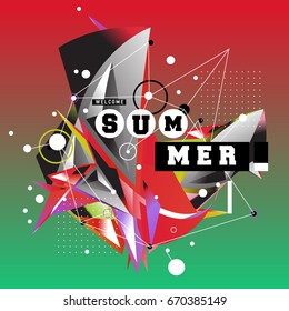 Trendy vector summer cards illustration with memphis style typography and abstract elements. Design for poster, card, invitation, brochure, and promotion template. Fashion art print and background.