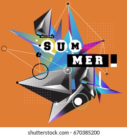 Trendy vector summer cards illustration with memphis style typography and abstract elements. Design for poster, card, invitation, brochure, and promotion template. Fashion art print and background.
