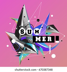 Trendy vector summer cards illustration with memphis style typography and abstract elements. Design for poster, card, invitation, brochure, and promotion template. Fashion art print and background.