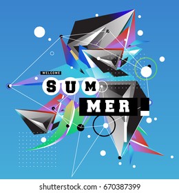 Trendy vector summer cards illustration with memphis style typography and abstract elements. Design for poster, card, invitation, brochure, and promotion template. Fashion art print and background.