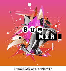 Trendy vector summer cards illustration with memphis style typography and abstract elements. Design for poster, card, invitation, brochure, and promotion template. Fashion art print and background.