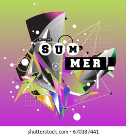 Trendy vector summer cards illustration with memphis style typography and abstract elements. Design for poster, card, invitation, brochure, and promotion template. Fashion art print and background.