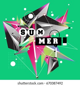 Trendy vector summer cards illustration with memphis style typography and abstract elements. Design for poster, card, invitation, brochure, and promotion template. Fashion art print and background.
