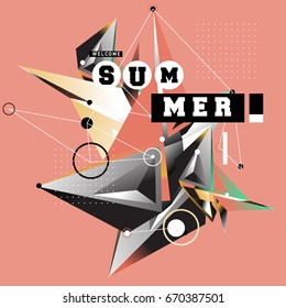 Trendy vector summer cards illustration with memphis style typography and abstract elements. Design for poster, card, invitation, brochure, and promotion template. Fashion art print and background.