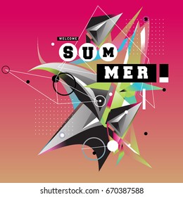 Trendy vector summer cards illustration with memphis style typography and abstract elements. Design for poster, card, invitation, brochure, and promotion template. Fashion art print and background.