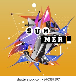 Trendy vector summer cards illustration with memphis style typography and abstract elements. Design for poster, card, invitation, brochure, and promotion template. Fashion art print and background.