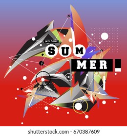Trendy vector summer cards illustration with memphis style typography and abstract elements. Design for poster, card, invitation, brochure, and promotion template. Fashion art print and background.
