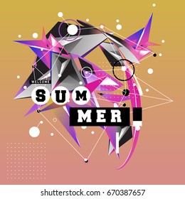 Trendy vector summer cards illustration with memphis style typography and abstract elements. Design for poster, card, invitation, brochure, and promotion template. Fashion art print and background.
