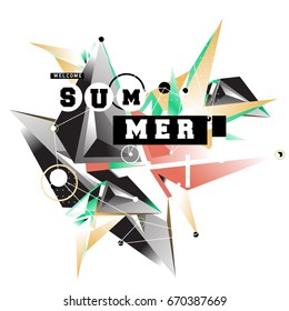 Trendy vector summer cards illustration with memphis style typography and abstract elements. Design for poster, card, invitation, brochure, and promotion template. Fashion art print and background.