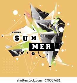 Trendy vector summer cards illustration with memphis style typography and abstract elements. Design for poster, card, invitation, brochure, and promotion template. Fashion art print and background.