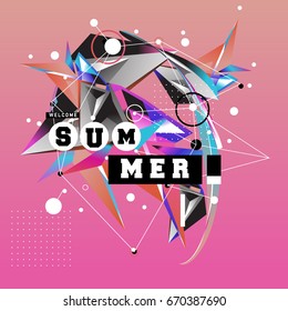 Trendy vector summer cards illustration with memphis style typography and abstract elements. Design for poster, card, invitation, brochure, and promotion template. Fashion art print and background.