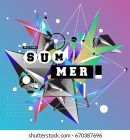 Trendy vector summer cards illustration with memphis style typography and abstract elements. Design for poster, card, invitation, brochure, and promotion template. Fashion art print and background.