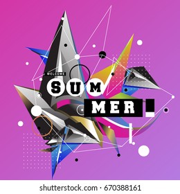 Trendy vector summer cards illustration with memphis style typography and abstract elements. Design for poster, card, invitation, brochure, and promotion template. Fashion art print and background.