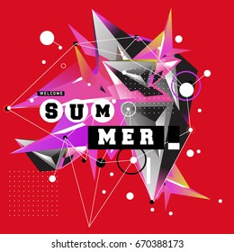Trendy vector summer cards illustration with memphis style typography and abstract elements. Design for poster, card, invitation, brochure, and promotion template. Fashion art print and background.