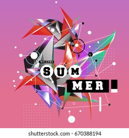 Trendy vector summer cards illustration with memphis style typography and abstract elements. Design for poster, card, invitation, brochure, and promotion template. Fashion art print and background.