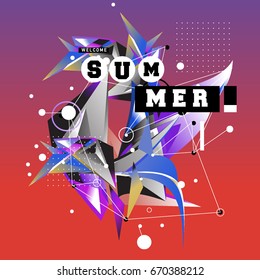 Trendy vector summer cards illustration with memphis style typography and abstract elements. Design for poster, card, invitation, brochure, and promotion template. Fashion art print and background.