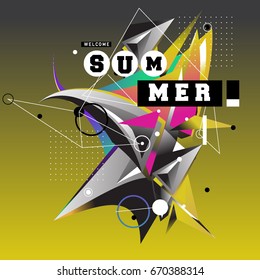 Trendy vector summer cards illustration with memphis style typography and abstract elements. Design for poster, card, invitation, brochure, and promotion template. Fashion art print and background.