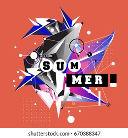 Trendy vector summer cards illustration with memphis style typography and abstract elements. Design for poster, card, invitation, brochure, and promotion template. Fashion art print and background.