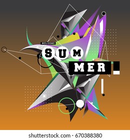 Trendy vector summer cards illustration with memphis style typography and abstract elements. Design for poster, card, invitation, brochure, and promotion template. Fashion art print and background.