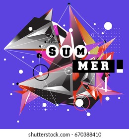 Trendy vector summer cards illustration with memphis style typography and abstract elements. Design for poster, card, invitation, brochure, and promotion template. Fashion art print and background.