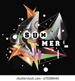 Trendy vector summer cards illustration with memphis style typography and abstract elements. Design for poster, card, invitation, brochure, and promotion template. Fashion art print and background.