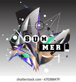Trendy vector summer cards illustration with memphis style typography and abstract elements. Design for poster, card, invitation, brochure, and promotion template. Fashion art print and background.