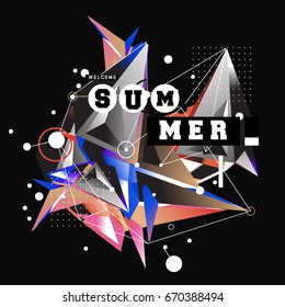 Trendy vector summer cards illustration with memphis style typography and abstract elements. Design for poster, card, invitation, brochure, and promotion template. Fashion art print and background.