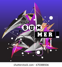 Trendy vector summer cards illustration with memphis style typography and abstract elements. Design for poster, card, invitation, brochure, and promotion template. Fashion art print and background.