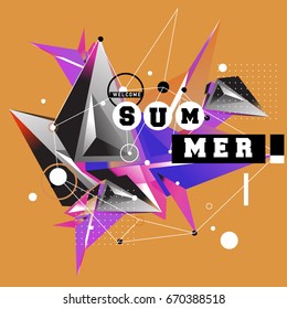 Trendy vector summer cards illustration with memphis style typography and abstract elements. Design for poster, card, invitation, brochure, and promotion template. Fashion art print and background.