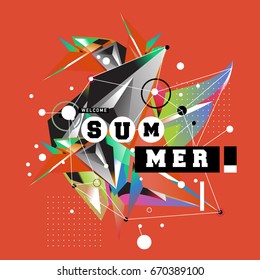 Trendy vector summer cards illustration with memphis style typography and abstract elements. Design for poster, card, invitation, brochure, and promotion template. Fashion art print and background.