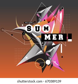 Trendy vector summer cards illustration with memphis style typography and abstract elements. Design for poster, card, invitation, brochure, and promotion template. Fashion art print and background.