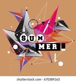Trendy vector summer cards illustration with memphis style typography and abstract elements. Design for poster, card, invitation, brochure, and promotion template. Fashion art print and background.