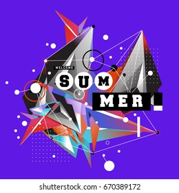 Trendy vector summer cards illustration with memphis style typography and abstract elements. Design for poster, card, invitation, brochure, and promotion template. Fashion art print and background.