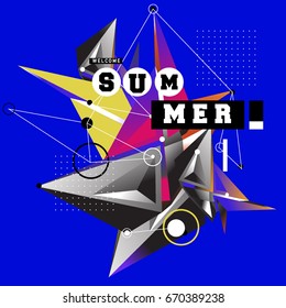 Trendy vector summer cards illustration with memphis style typography and abstract elements. Design for poster, card, invitation, brochure, and promotion template. Fashion art print and background.