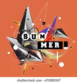 Trendy vector summer cards illustration with memphis style typography and abstract elements. Design for poster, card, invitation, brochure, and promotion template. Fashion art print and background.