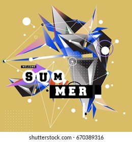 Trendy vector summer cards illustration with memphis style typography and abstract elements. Design for poster, card, invitation, brochure, and promotion template. Fashion art print and background.