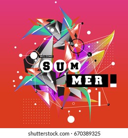 Trendy vector summer cards illustration with memphis style typography and abstract elements. Design for poster, card, invitation, brochure, and promotion template. Fashion art print and background.