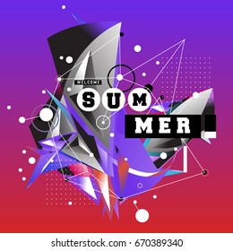 Trendy vector summer cards illustration with memphis style typography and abstract elements. Design for poster, card, invitation, brochure, and promotion template. Fashion art print and background.
