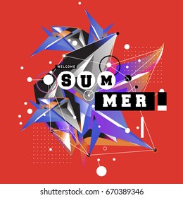 Trendy vector summer cards illustration with memphis style typography and abstract elements. Design for poster, card, invitation, brochure, and promotion template. Fashion art print and background.