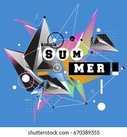 Trendy vector summer cards illustration with memphis style typography and abstract elements. Design for poster, card, invitation, brochure, and promotion template. Fashion art print and background.