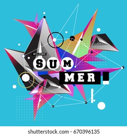 Trendy vector summer cards illustration with memphis style typography and abstract elements. Design for poster, card, invitation, brochure, and promotion template. Fashion art print and background.