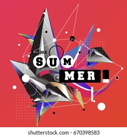 Trendy vector summer cards illustration with memphis style typography and abstract elements. Design for poster, card, invitation, brochure, and promotion template. Fashion art print and background.