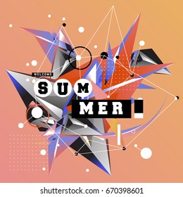 Trendy vector summer cards illustration with memphis style typography and abstract elements. Design for poster, card, invitation, brochure, and promotion template. Fashion art print and background.