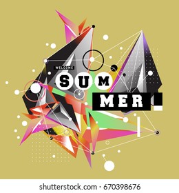 Trendy vector summer cards illustration with memphis style typography and abstract elements. Design for poster, card, invitation, brochure, and promotion template. Fashion art print and background.