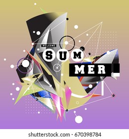 Trendy vector summer cards illustration with memphis style typography and abstract elements. Design for poster, card, invitation, brochure, and promotion template. Fashion art print and background.