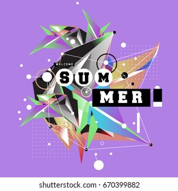 Trendy vector summer cards illustration with memphis style typography and abstract elements. Design for poster, card, invitation, brochure, and promotion template. Fashion art print and background.